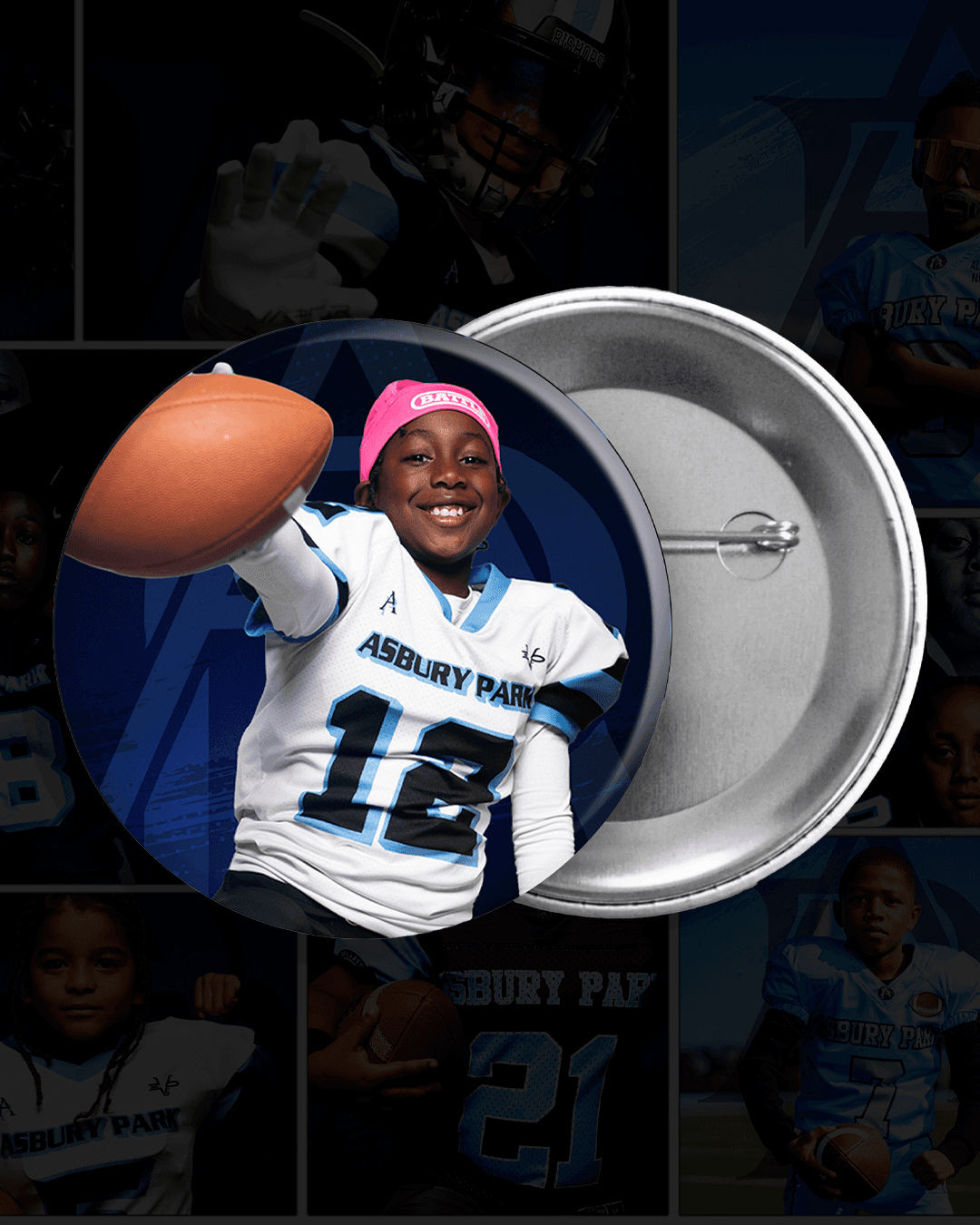 Front and back example of an Asbury Park football player photo button
