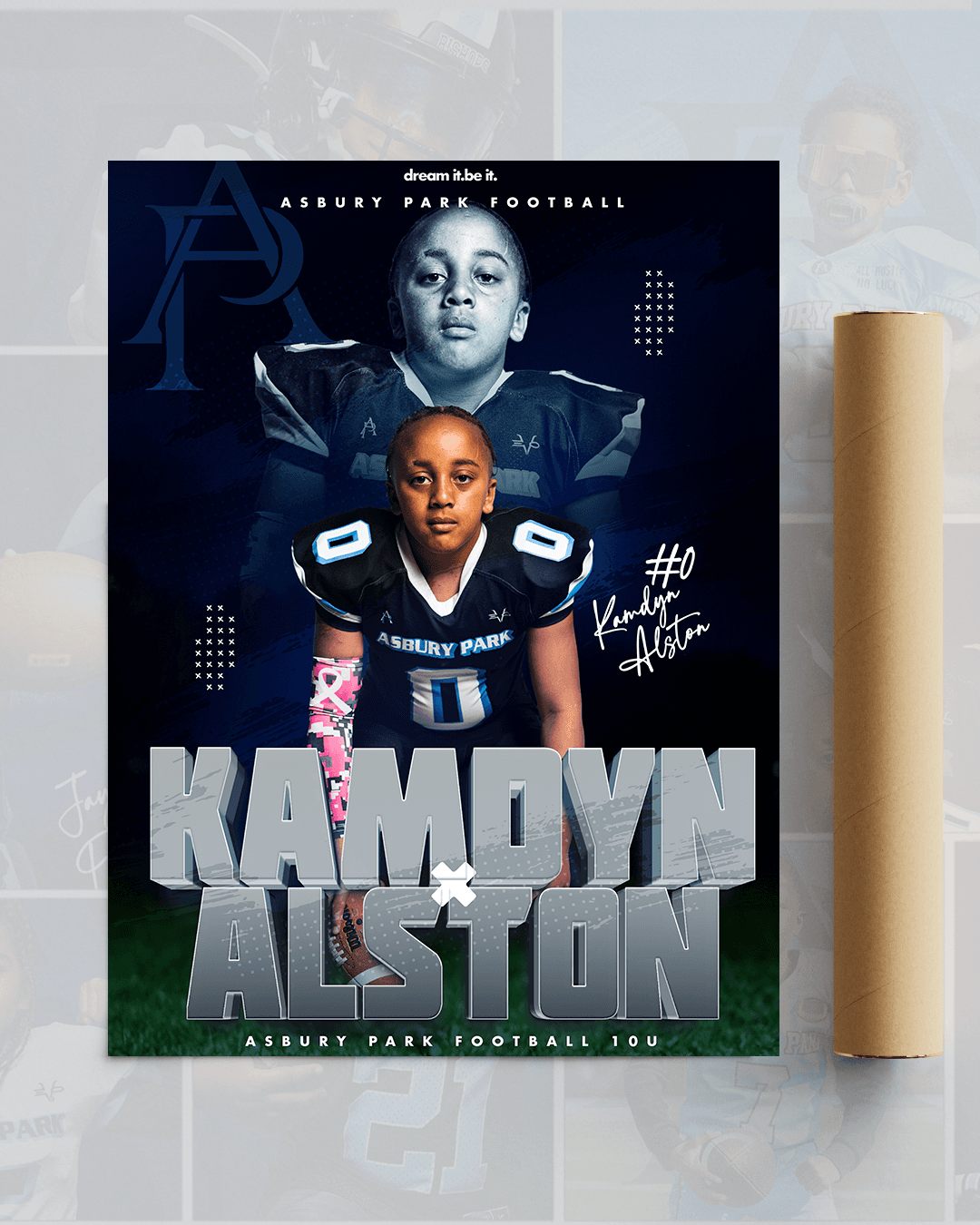 Custom Asbury Park football player poster displayed beside a poster tube